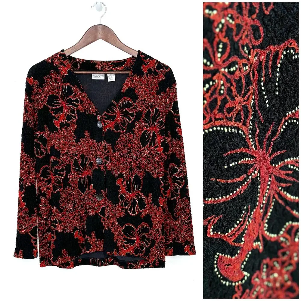 VTG Chico’s Floral Cardigan Womens 2 L Black Red Gold Metallic Made in Canada